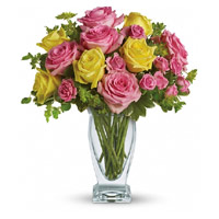 Friendship Day Flowers Deliver Pink Yellow Roses in Vase 20 Flowers Hyderabad