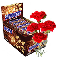 Send 32 pcs Snickers Chocolates Box with 6 Carnations in Hyderabad. Order Christmas Gifts to Hyderabad