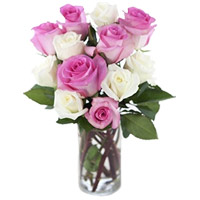 Friendship Day Flowers to Hyderabad online to Deliver Pink White Roses Vase 12 Flowers