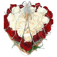 Deliver Friendship Day Flowers to Hyderabad including Red White Roses Heart 40 Flowers