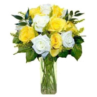 Send Christmas Flowers to Hyderabad. Yellow White Roses Vase 12 Flowers in Hyderabad