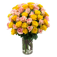 Place Order to send Diwali Flowers in Hyderabad, Yellow Pink Roses Vase 50 Flowers Hyderabad