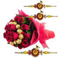 Send Online 16 pcs Ferrero Rocher 24 Red Roses Bouquet with Rakhi to Hyderabad