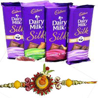 Gift Delivery in Hyderabad Same Day consist of 4 Cadbury Dairy Milk Silk Chocolates With 6 Red Roses on Rakhi