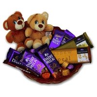 Online Diwali Gifst Delivery in Hyderabad Same Day. Send Online Twin Teddy Chocolate Basket Hyderabad