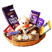 Send Friendship Day Gifts in Hyderabad comprising Exotic Chocolate Basket With 6 Inch Teddy