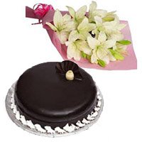 Christmas Gifts to Hyderabad to your relatives that 6 White Lily Bouquet 1 Kg Chocolate Truffle Cake in Hyderabad