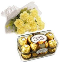 Send 10 Yellow Carnation 16 Pcs Ferrero Rocher Chocolate Hyderabad Online for Diwali