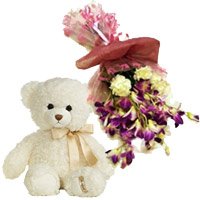 Gifts delivery in Hyderabad delivers 6 Purple Orchids 6 Yellow Carnations Bunch 6 Inch Teddy
