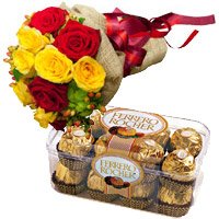 Order Online New Year Gifts to Hyderabad including Order 12 Red Yellow Roses Bunch 16 Pcs Ferrero Rocher