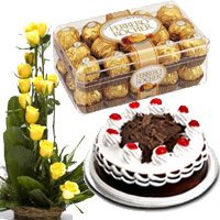Send 15 Yellow Rose Basket 1/2 Kg Black Forest Cake 16 Pcs Ferrero Rocher Chocolates to Hyderabad
