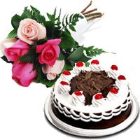 Send 6 Mix Roses with 1/2 Kg Black Forest Cake. Christmas Gifts in Hyderabad