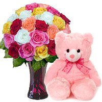 24 Mix Roses Vase 6 Inch Teddy Bear Hyderabad. New Year Flowers Delivery in Hyderabad