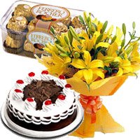 Send Rakhi Gifts to Hyderabad with 12 Yellow Lily with 1/2 Kg Black Forest Cake and 16 Pcs Ferrero Rocher