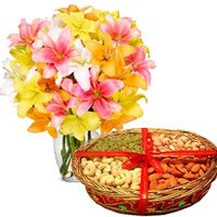 Send 10 Mix Lily Vase with 1 Kg Mix Dry Fruits to Hyderabad for Friendship Day
