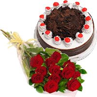 Shop for Christmas Gifts to Hyderabad. 12 Red Roses with 1/2 Kg Eggless Black Forest Cakes Hyderabad