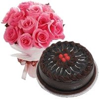 Midnight New Year Cakes Delivery in Hyderabad delivers 12 Pink Roses and 1 Kg Eggless Chocolate Cake