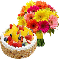 Send Diwali Flowers to Hyderabad. 24 Mix Gerbera 1 Kg Fruit Cake to Hyderabad From 5 Star Hotel Online