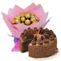 Send 1 Kg Chocolate Cake 5 Star Bakery with 16 Pcs Ferrero Rocher Bouquet Hyderabad