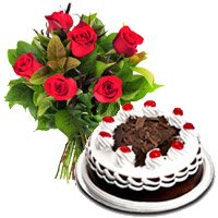 Send 6 Red Roses with 1/2 Kg Black Forest Cakes to Hyderabad. Rakhi Gifts to Hyderabad