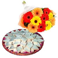 Online Diwali Gifts Delivery in Hyderabad to Send 12 Mix Gerbera with 1 Kg Kaju Barfi