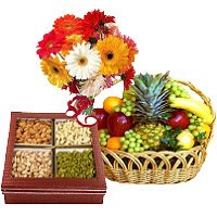 Send 12 Mix Gerbera with 500 gm Mix Dry Fruits and Diwali Gifts in Hyderabad and 1 Kg Fresh Fruits Basket
