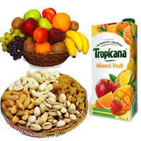Online Friendship Day Gifts Delivery in Hyderabad for 1 Kg Fresh Fruits Basket with 500 gm Mix Dry Fruits and 1 ltr Mix Fruit Juice
