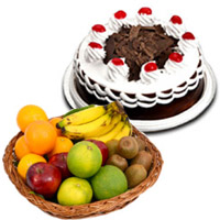 Send New Year Gifts to Hyderabad having 1 Kg Fresh Fruits Basket and 500 gm Black Forest Cakes to Hyderabad