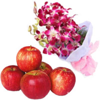 Cheapest New Year Gift to Hyderabad that contains Purple Orchid Bunch 5 Flowers Stem with 1 Kg Fresh Apple