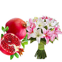Send New Year Gifts to Secunderabad. 1 Kg Fresh Promegranate with Pink White Lily Bouquet 6 Stems