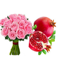 Pink Roses Bouquet 12 Flowers to Hyderabad with 1 Kg Promegranate. New Year Gifts to Hyderabad