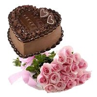 On Christmas Send Bunch of 15 Pink Roses with 1 Kg Heart Shape Chocolate Truffle Cakes in Hyderabad